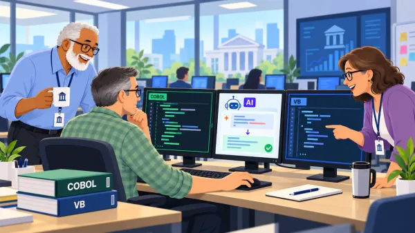 Team collaborating on COBOL and VB programming with AI support, engaging in active coding session in a modern office.