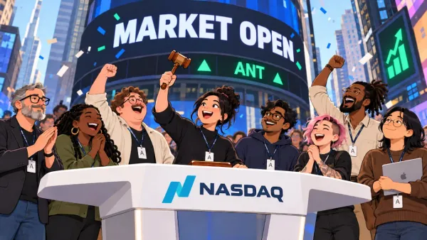 Excited team at Nasdaq opening bell ceremony; leader holds up gavel, digital stock board signals market start.