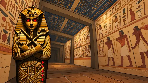 Red-eyed sarcophagus guards a hieroglyph-covered tomb corridor, symbolizing secrets and sealed knowledge.