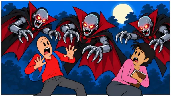 Under the moonlight, robotic vampires with glowing red eyes reach for frightened people, symbolizing AI threats.