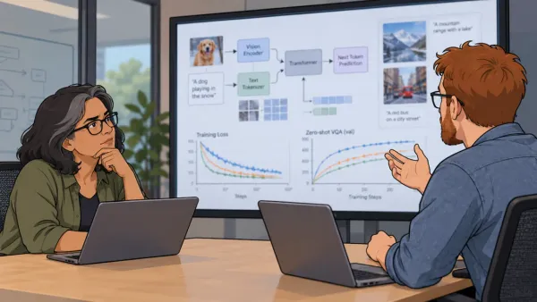 Two colleagues discuss AI model charts on a screen. Vision encoder and graph details are displayed prominently
